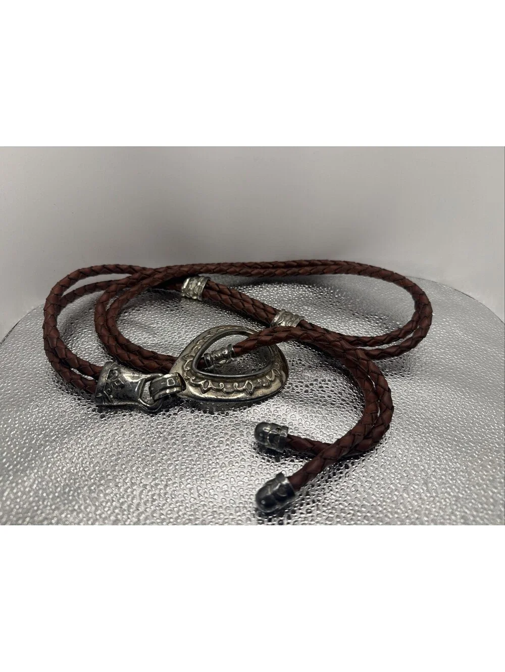 Vintage 1994 Braided Leather Belt Brown Silver Western Boho Teardrop Buckle